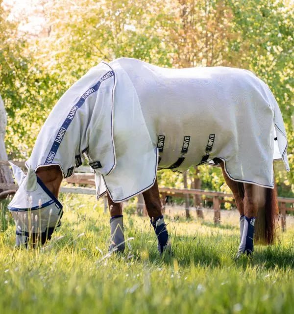 Horseware Rambo Protector Plus Fly Sheet - Silver/Navy, White with Beige - The Tack Shoppe