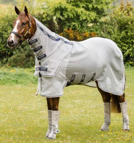Horseware Rambo Protector Plus Fly Sheet - Silver/Navy, White with Beige - The Tack Shoppe