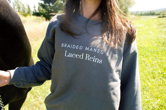 Laced Reins EQ - Braided Manes & Laced Reins Crewneck: Grey - The Tack Shoppe