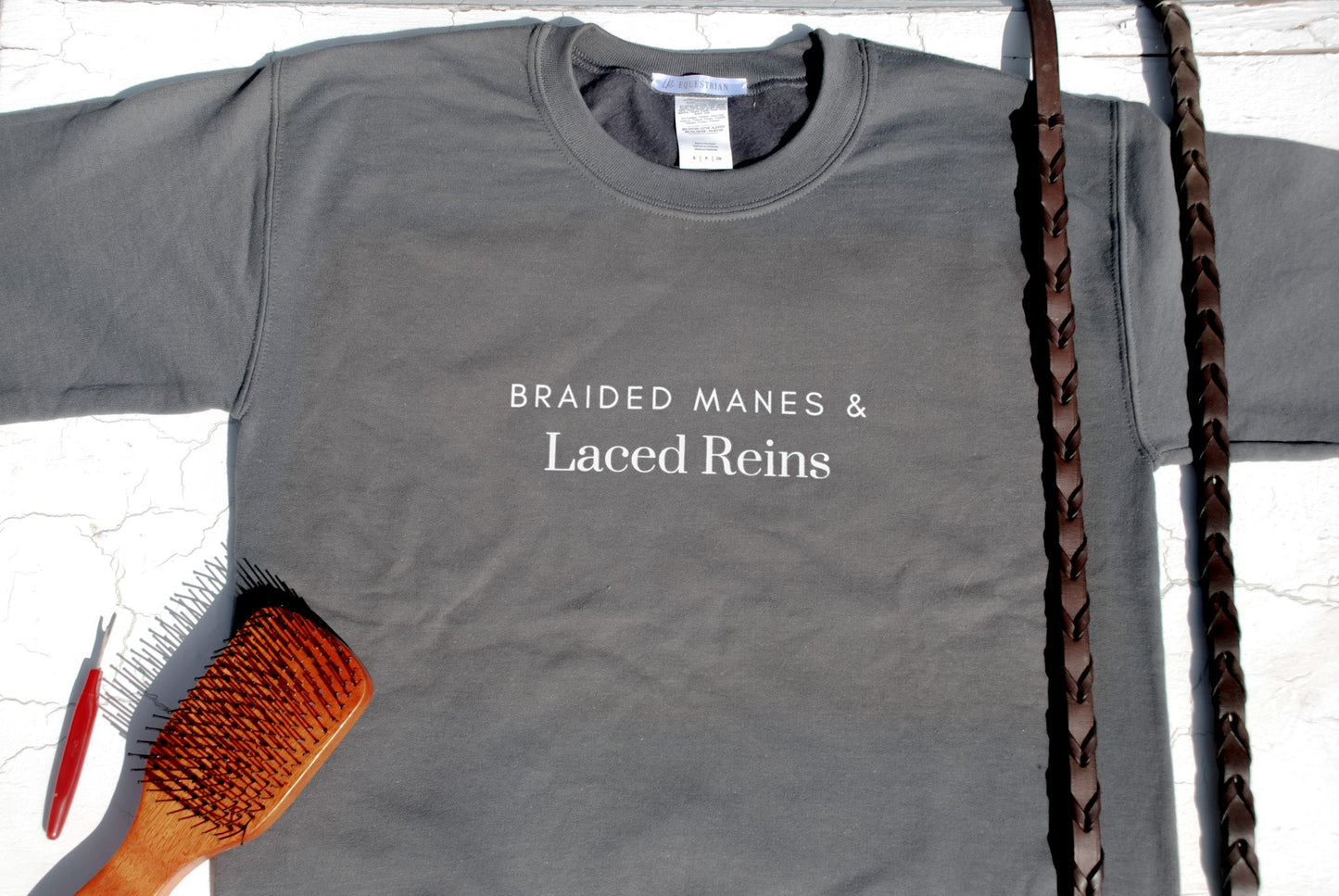 Laced Reins EQ - Braided Manes & Laced Reins Crewneck: Grey - The Tack Shoppe