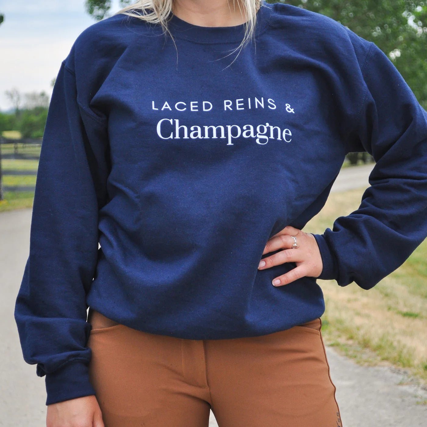 Laced Reins EQ - Laced Reins & Champagne Crewneck: Navy - The Tack Shoppe