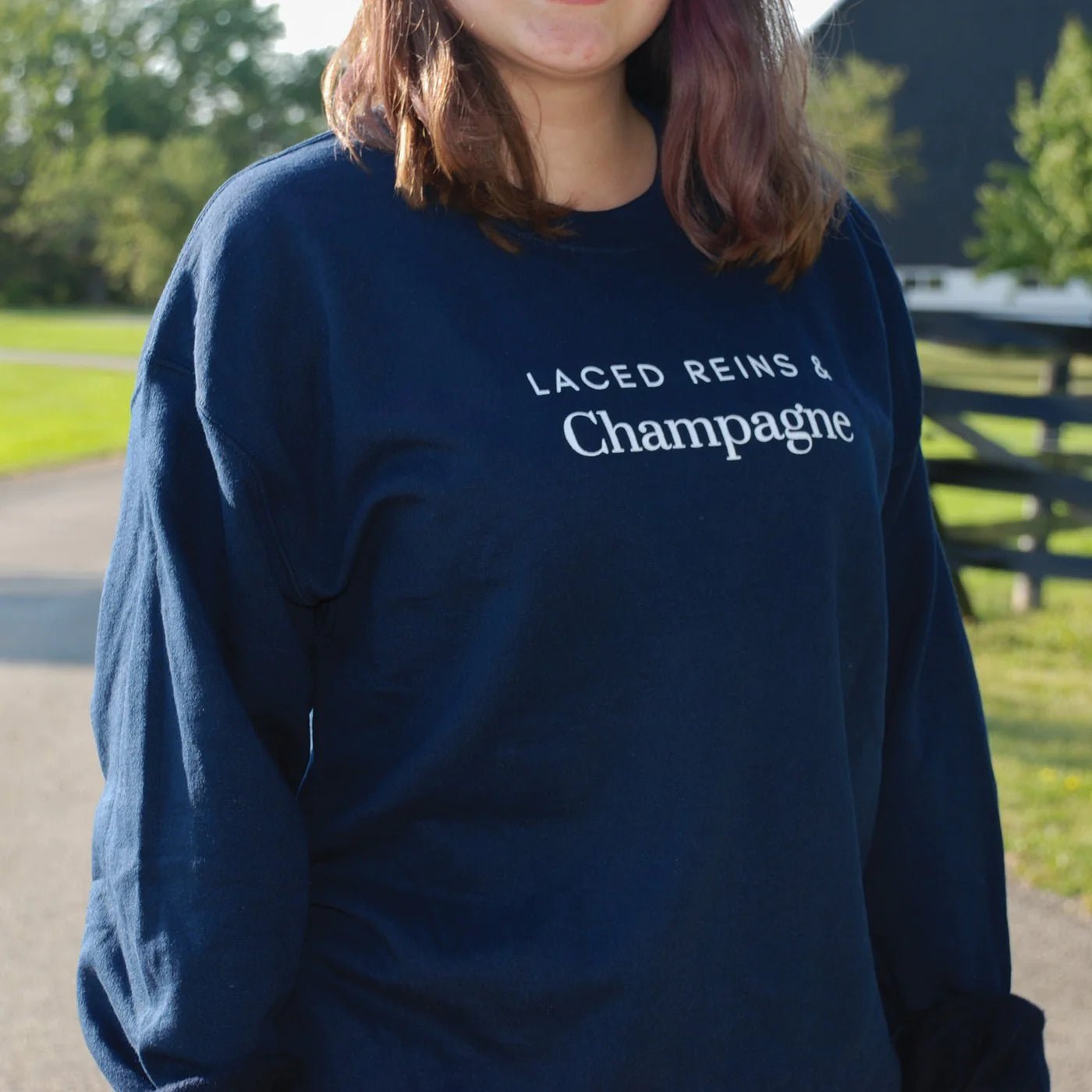 Laced Reins EQ - Laced Reins & Champagne Crewneck: Navy - The Tack Shoppe